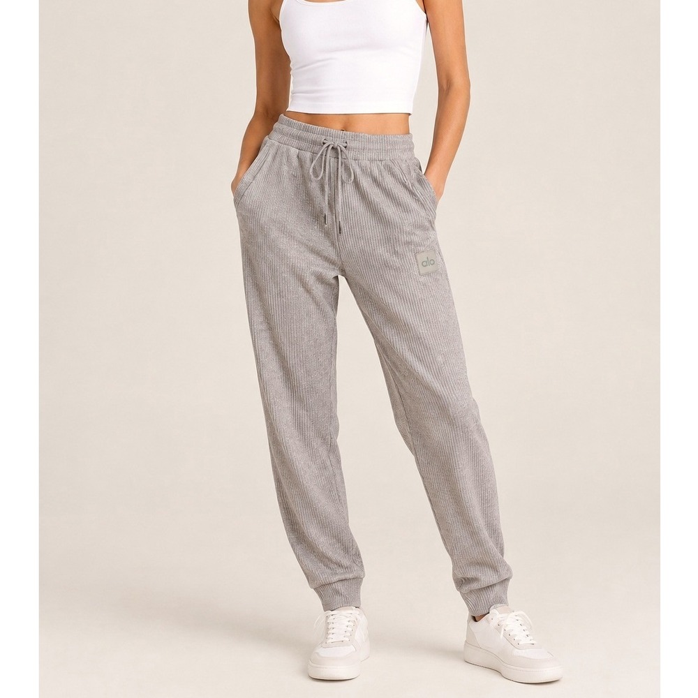 Alo Yoga Muse Ribbed Jogger Women M Taupe Heathered Knit Drawstring Athleisure